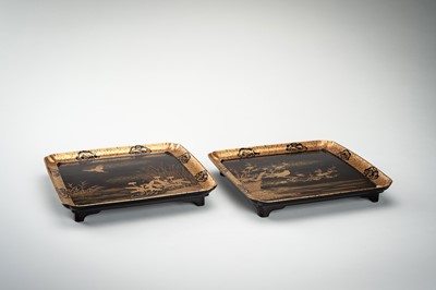 Lot 142 - ZOHIKO: A PAIR OF GOLD LACQUER TRAYS WITH BIRDS