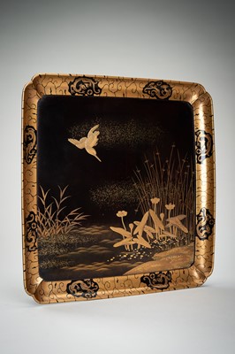 Lot 142 - ZOHIKO: A PAIR OF GOLD LACQUER TRAYS WITH BIRDS