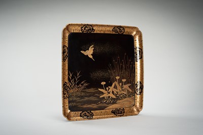 Lot 142 - ZOHIKO: A PAIR OF GOLD LACQUER TRAYS WITH BIRDS