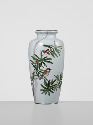 Lot 224 - ANDO JUBEI: A FINE CLOISONNÉ ENAMEL VASE WITH SPARROW AND NANTEN (NANDINA)