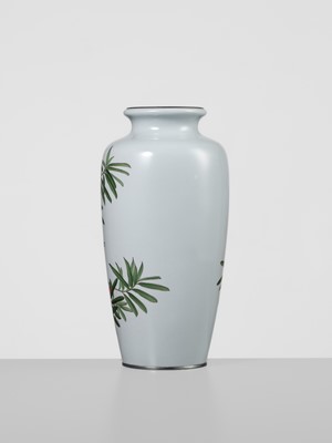 Lot 224 - ANDO JUBEI: A FINE CLOISONNÉ ENAMEL VASE WITH SPARROW AND NANTEN (NANDINA)