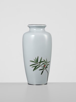 Lot 224 - ANDO JUBEI: A FINE CLOISONNÉ ENAMEL VASE WITH SPARROW AND NANTEN (NANDINA)