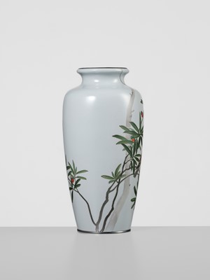 Lot 224 - ANDO JUBEI: A FINE CLOISONNÉ ENAMEL VASE WITH SPARROW AND NANTEN (NANDINA)