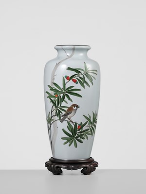 Lot 224 - ANDO JUBEI: A FINE CLOISONNÉ ENAMEL VASE WITH SPARROW AND NANTEN (NANDINA)