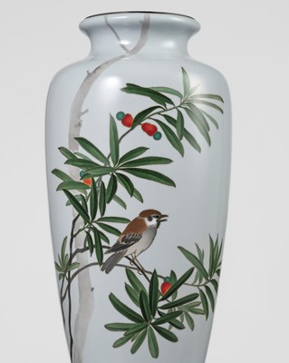 Lot 224 - ANDO JUBEI: A FINE CLOISONNÉ ENAMEL VASE WITH SPARROW AND NANTEN (NANDINA)