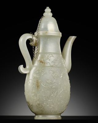 Lot 111 - A MUGHAL-STYLE PALE CELADON JADE EWER AND COVER, 19TH CENTURY