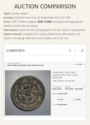 Lot 382 - A LARGE ‘LION AND GRAPEVINE’ BRONZE MIRROR, TANG DYNASTY