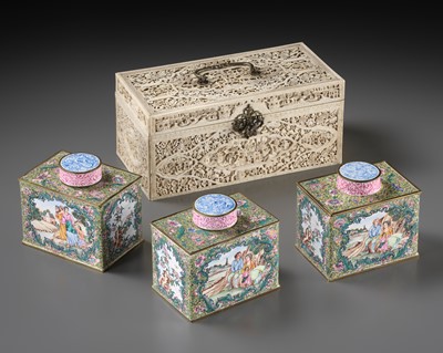 Lot 82 - AN IVORY TEA CADDY CONTAINING A SET OF THREE ENAMEL ON COPPER ‘EUROPEAN SUBJECT’ CANISTERS, QIANLONG PERIOD