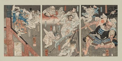 UTAGAWA KUNIYOSHI: USHIWAKAMARU FIGHTS BENKEI ON GOJO BRIDGE WITH THE HELP OF THE TENGU