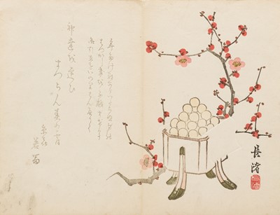 A SIGNED SURIMONO DEPICTING RITUAL OFFERINGS AND PLUM BLOSSOMS