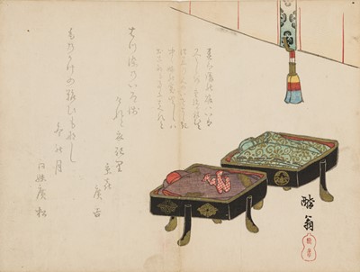 A SIGNED SURIMONO DEPICTING TWO LACQUER BOXES FOR CLOTHES