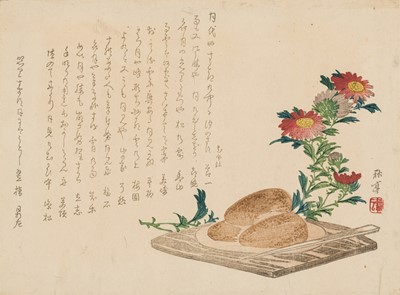 TANAKA SHUTEI: A SURIMONO DEPICTING CHRYSANTHEMUMS OVER A PLATE OF RICE CAKES