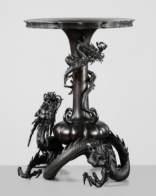 Lot 9 - TAKAHASHI RYOUN: A LARGE AND SUPERB BRONZE VASE DECORATED WITH CARPS AND DRAGONS GRASPING TWO CRYSTAL SPHERES