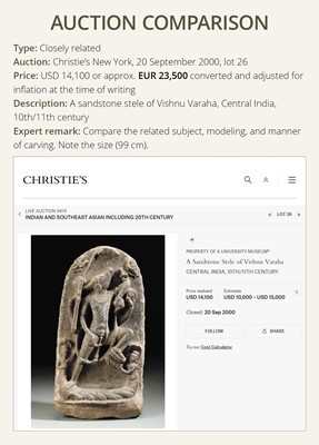 Lot 196 - A PALE PINK SANDSTONE STELE OF VISHNU VARAHA, THE COSMIC BOAR