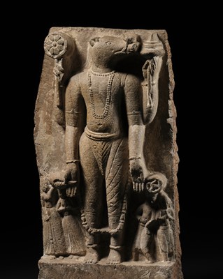 Lot 196 - A PALE PINK SANDSTONE STELE OF VISHNU VARAHA, THE COSMIC BOAR