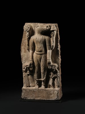 Lot 196 - A PALE PINK SANDSTONE STELE OF VISHNU VARAHA, THE COSMIC BOAR