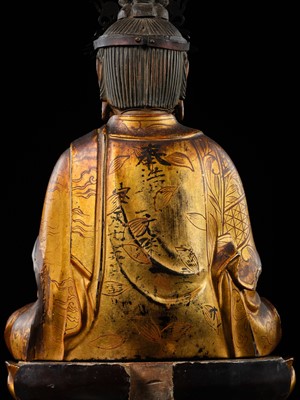 Lot 73 - A SUPERB GILT-LACQUERED WOOD FIGURE OF MONJU BOSATSU (MANJUSHRI), DATED 1711