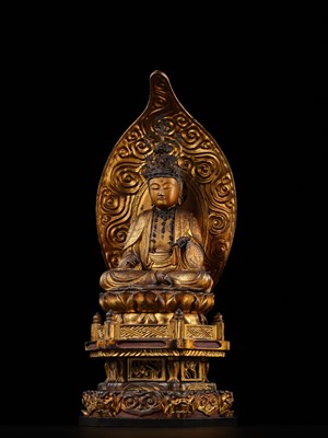 Lot 73 - A SUPERB GILT-LACQUERED WOOD FIGURE OF MONJU BOSATSU (MANJUSHRI), DATED 1711