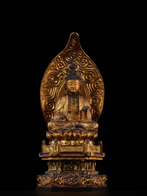 Lot 73 - A SUPERB GILT-LACQUERED WOOD FIGURE OF MONJU BOSATSU (MANJUSHRI), DATED 1711