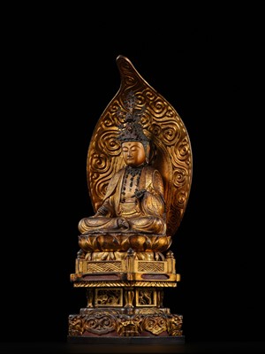 Lot 73 - A SUPERB GILT-LACQUERED WOOD FIGURE OF MONJU BOSATSU (MANJUSHRI), DATED 1711