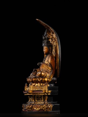 Lot 73 - A SUPERB GILT-LACQUERED WOOD FIGURE OF MONJU BOSATSU (MANJUSHRI), DATED 1711