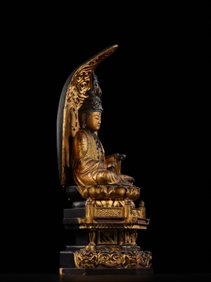 Lot 73 - A SUPERB GILT-LACQUERED WOOD FIGURE OF MONJU BOSATSU (MANJUSHRI), DATED 1711