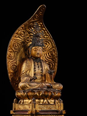 Lot 73 - A SUPERB GILT-LACQUERED WOOD FIGURE OF MONJU BOSATSU (MANJUSHRI), DATED 1711