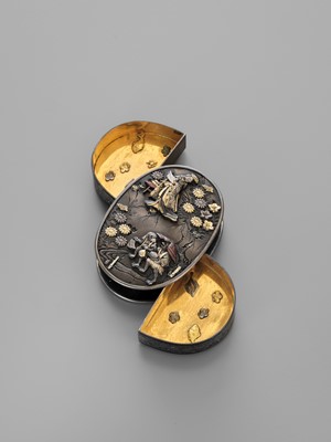 Lot 59 - A VERY FINE MIXED METAL MEDICINE BOX DEPICTING FUJI MUSUME AND TWO KAPPA