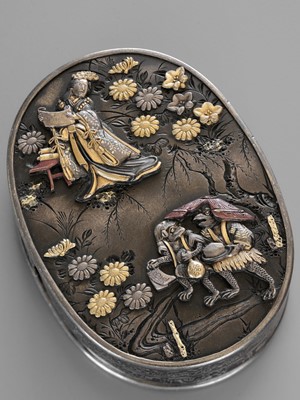 Lot 59 - A VERY FINE MIXED METAL MEDICINE BOX DEPICTING FUJI MUSUME AND TWO KAPPA