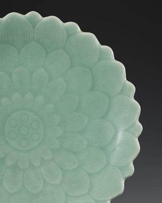 Lot 574 - A CELADON GLAZED ‘LOTUS’ DISH, QIANLONG MARK AND PERIOD