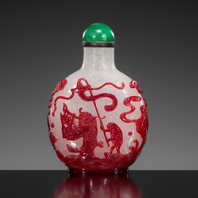 Lot 494 - A RUBY-RED OVERLAY ‘MYTHICAL PROCESSION’ GLASS SNUFF BOTTLE, 1750-1850