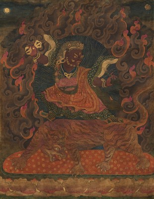 Lot 28 - A RARE THANKGA DEPICTING DORJE DROLO, THE WRATHFUL MANIFESTATION OF PADMASAMBHAVA