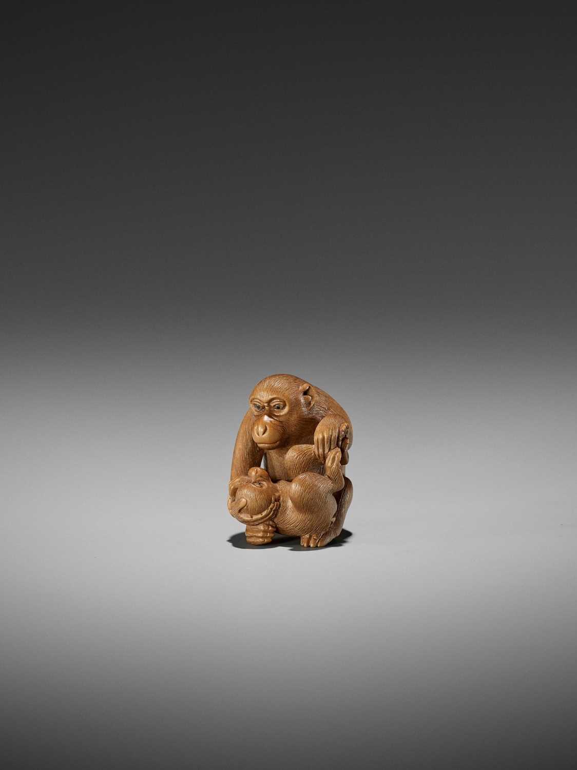 Lot 40 - IKKO: A FINE WOOD NETSUKE OF A MONKEY WITH YOUNG