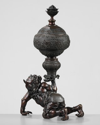 Lot 12 - A SUPERB BRONZE FIGURE OF AN ONI HOLDING ALOFT A KORO (INCENSE BURNER)