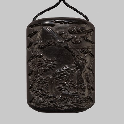 Lot 27 - A VERY RARE SINGLE-CASE EBONY WOOD INRO DEPICTING A KOREAN BOY AND SHISHI, ATTRIBUTED TO KOMATSU MITSUKATA