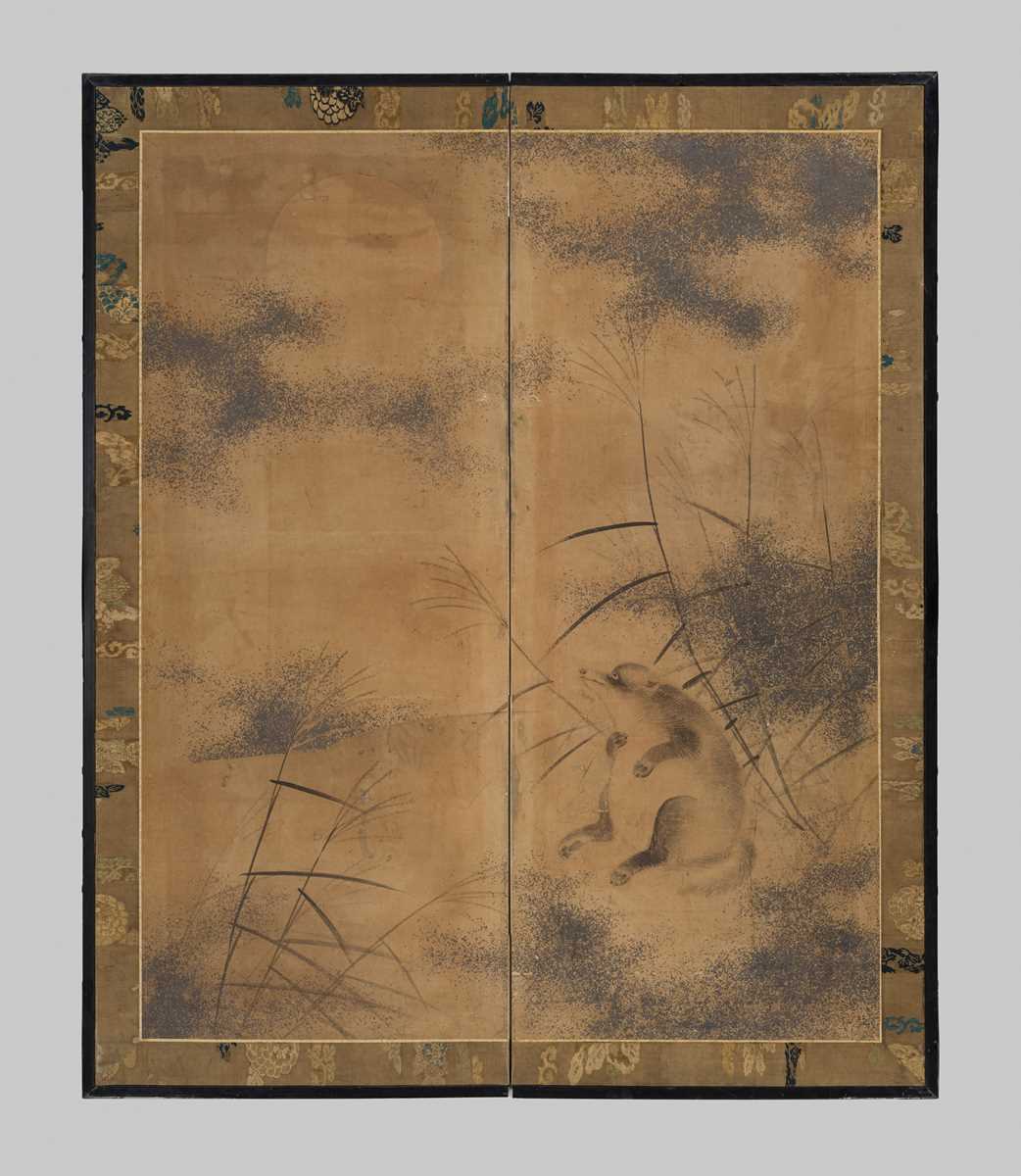 Lot 232 - A TWO-PANEL BYOBU (FOLDING SCREEN) DEPICTING A TANUKI BY MOONLIGHT