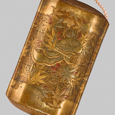 Lot 417 - RYOHO: A GOLD LACQUER INRO WITH BUGAKU ACCESSORIES