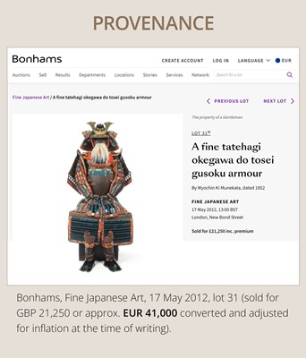 Lot 142 - MYOCHIN MUNEKATA: A SUPERB TATEHAGI OKEGAWA DO TOSEI GUSOKU (ARMOR), DATED 1851, WITH IMPERIAL CRESTS