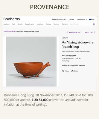 Lot 163 - A YIXING STONEWARE ‘PEACH’ CUP, SIGNED CHEN MINGYUAN, EARLY QING DYNASTY
