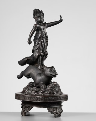 A RARE BRONZE FIGURE OF A GONGEN DEITY ON A FOX