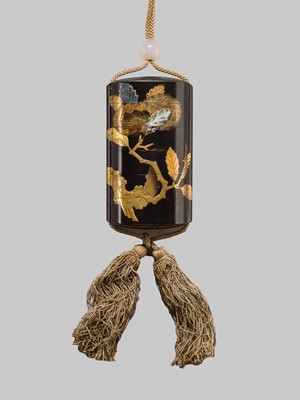 Lot 218 - A FIVE-CASE INLAID LACQUER INRO DEPICTING AN OWL IN A CHESTNUT TREE