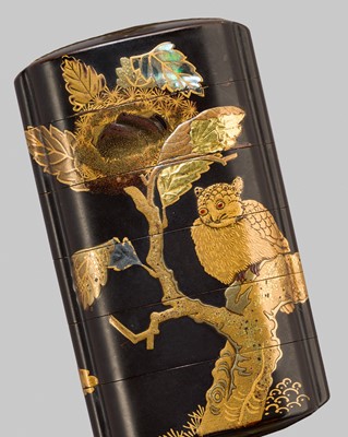 Lot 411 - A FIVE-CASE INLAID LACQUER INRO DEPICTING AN OWL IN A CHESTNUT TREE