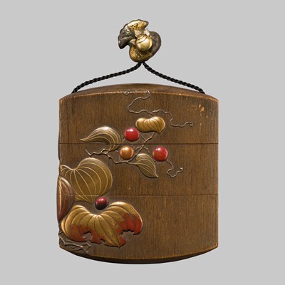 Lot 25 - TOYO: A FINE LACQUERED HINOKI WOOD TWO-CASE INRO WITH HOZUKI (WINTER CHERRIES)