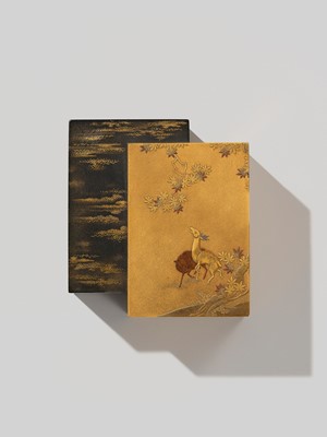 Lot 111 - A FINE ‘DEER AND MAPLE’ LACQUER KOBAKO (SMALL BOX) AND COVER