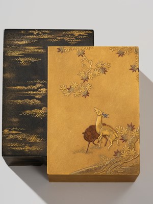 Lot 111 - A FINE ‘DEER AND MAPLE’ LACQUER KOBAKO (SMALL BOX) AND COVER
