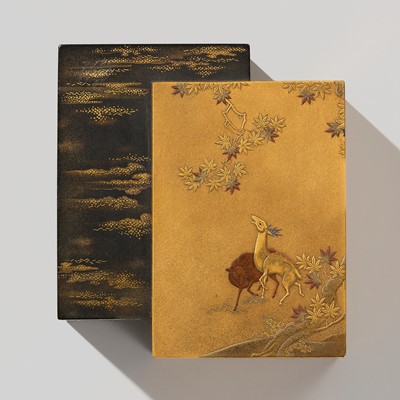 Lot 330 - A FINE ‘DEER AND MAPLE’ LACQUER KOBAKO (SMALL BOX) AND COVER