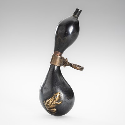 Lot 1725 - A RARE SHIBUICHI AND SENTOKU DOUBLE-GOURD NETSUKE WITH A FROG