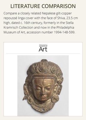 Lot 312 - A GILT-COPPER REPOUSSÉ LINGA COVER WITH THE FACE OF SHIVA, MALLA PERIOD, NEPAL, 15TH-16TH CENTURY