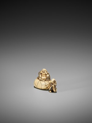 Lot 46 - AN IVORY NETSUKE OF HOTEI ON HIS TREASURE BAG BEING PULLED BY A KARAKO