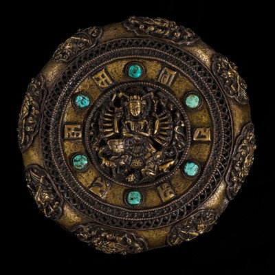 Lot 317 - A TURQUOISE-INLAID GILT-COPPER REPOUSSÉ BOX, NEPAL, 18TH-19TH CENTURY